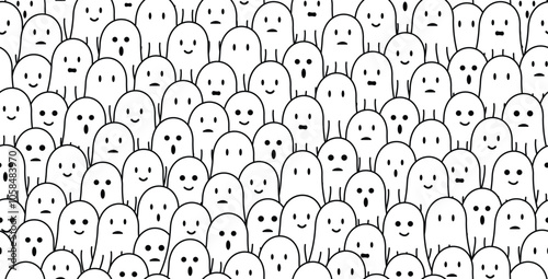 cute ghost doodle seamless pattern background with different face expressions, smile, sad, disappointed, happy, laughing, surprised. For halloween, horror, gift wrap