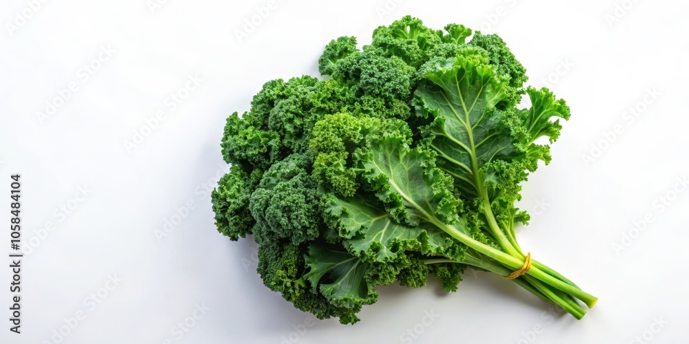 A bunch of fresh kale leaves, arranged into a natural cluster, isolated on a crisp white background, ready to be added to any healthy meal.