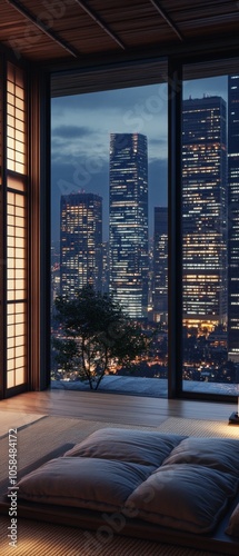 Modern Japanese-Style Bedroom Overlooking City Lights at Night - Perfect for New Years Eve or Hanukkah Celebrations photo