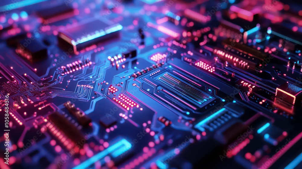 Close-up view of a futuristic circuit board with glowing elements and intricate designs. Close-up view of a futuristic circuit board with glowing elements and intricate designs.