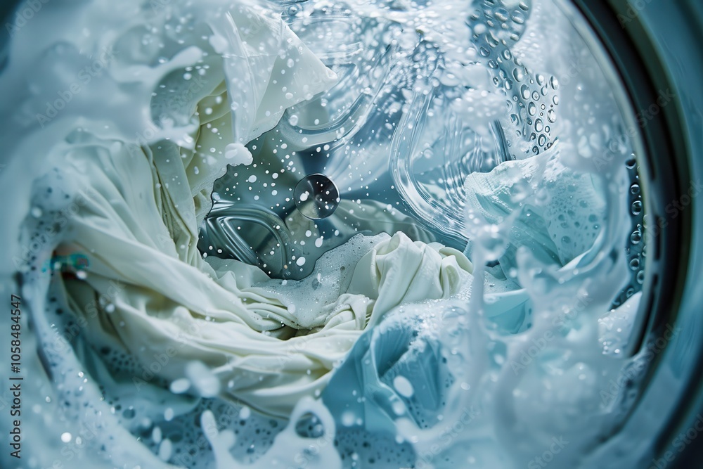 Close-up view of laundry spinning in a washing machine with soap bubbles and water splashes. Close-up view of laundry spinning in a washing machine with soap bubbles and water splashes.