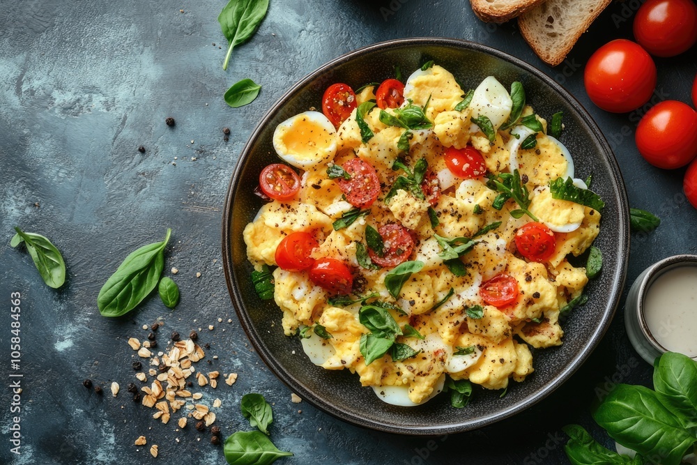 Scrambled eggs with cherry tomatoes and basil leaves creating a delicious breakfast Scrambled eggs with cherry tomatoes and basil leaves creating a delicious breakfast