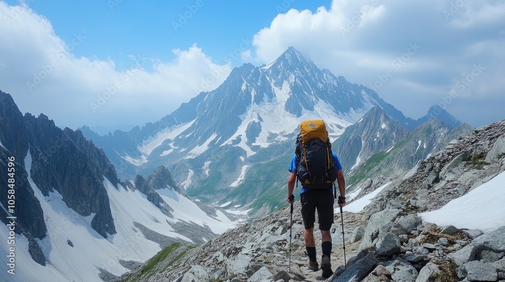 Backpacker hiking in high altitude mountain range reaching summit Backpacker hiking in high altitude mountain range reaching summit