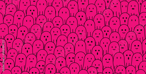 cute pink ghost doodle seamless pattern background with different face expressions, smile, sad, disappointed, happy, laughing, surprised. For halloween, horror, gift wrap