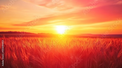 Stunning red sunset illuminates a vast wheat field, casting warm hues across the landscape. The red sunset creates a perfect backdrop for serene photography with ample copy space.