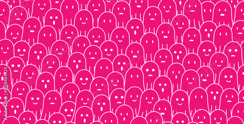 cute pink ghost doodle seamless pattern background with different face expressions, smile, sad, disappointed, happy, laughing, surprised. For halloween, horror, gift wrap