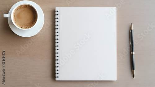 Mockup featuring a blank notepad cover, accompanied by a cup of coffee and a pen on a wooden table.