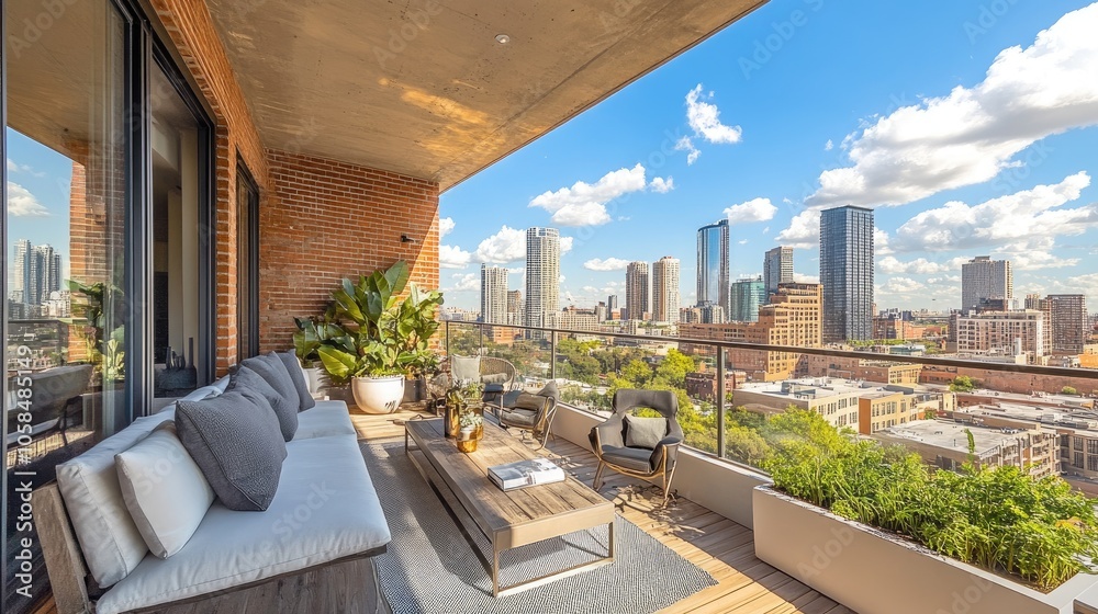 Naklejka premium Modern balcony overlooking vibrant chicago skyline on sunny day