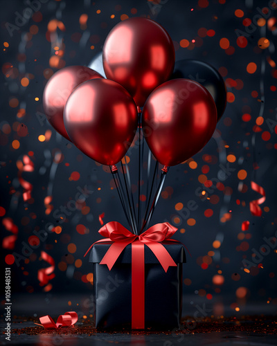 A black box with a red ribbon and a bunch of red balloons