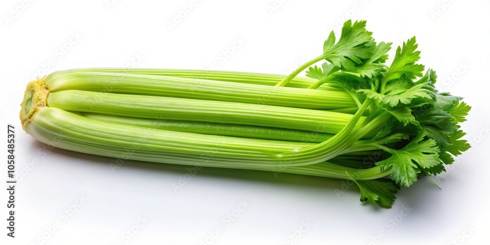 A vibrant bunch of celery stalks with fresh green leaves, arranged in a natural, curved formation. A vibrant bunch of celery stalks with fresh green leaves, arranged in a natural, curved formation.