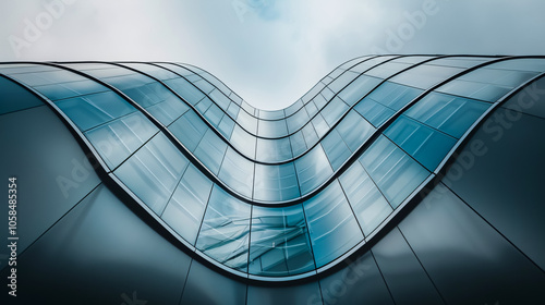 Low-angle view of futuristic skyscrapers with curved glass windows.