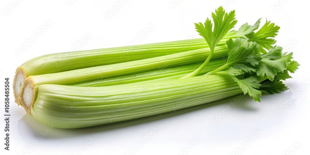 A crisp and fresh bunch of celery stalks with vibrant green leaves, isolated against a white background A crisp and fresh bunch of celery stalks with vibrant green leaves, isolated against a white background