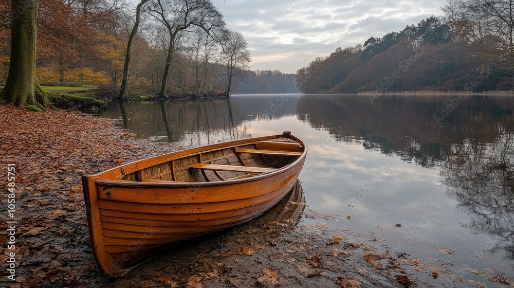 Obraz premium Wooden rowboat resting on shore of serene lake in autumn