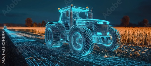 3D display of a modern tractor in a digital agricultural setting visualized in wireframe.