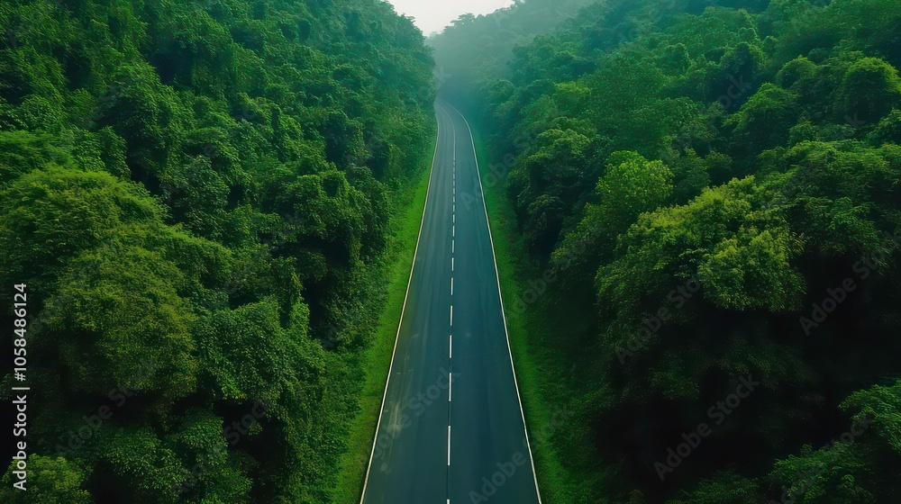 Obraz premium Stunning aerial view of asphalt road through green forest, healthy rain forest, environment, health, green economy, and view of nature ecosystem for saving the planet.