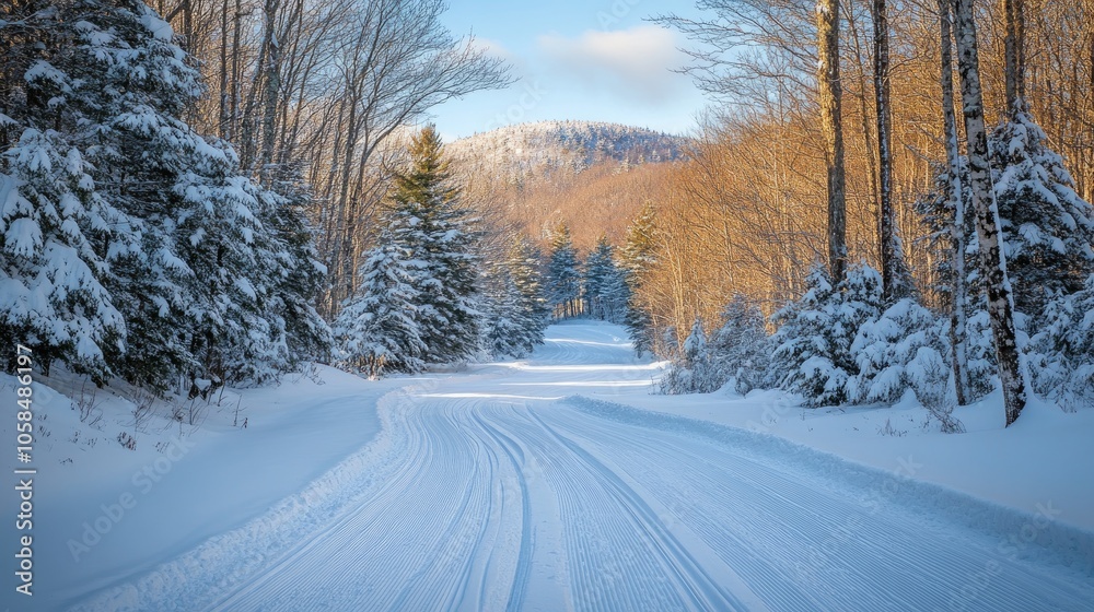 Cross-country ski trail winding through snowy forest in winter Cross-country ski trail winding through snowy forest in winter