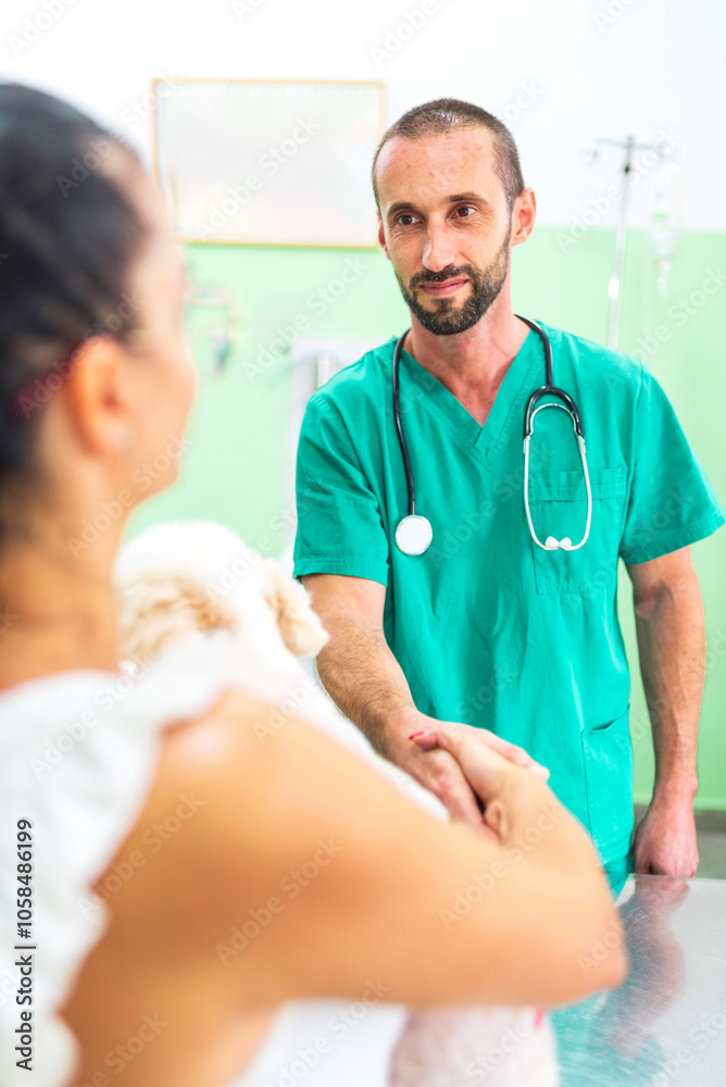 Obraz premium Veterinarian comforting dog owner in clinic