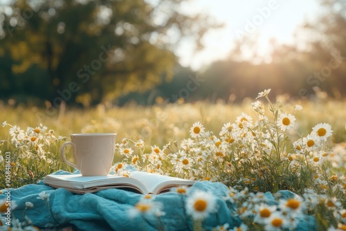 Open book and steaming cup of coffee resting in field of daisies at sunset