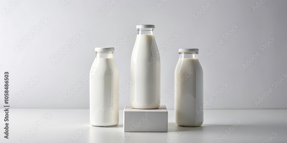 Three Glass Bottles of Milk on a White Surface with a White Background Three Glass Bottles of Milk on a White Surface with a White Background