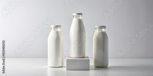 Three Glass Bottles of Milk on a White Surface with a White Background