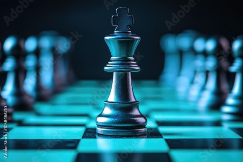 King chess piece standing on chessboard leading other pieces during game