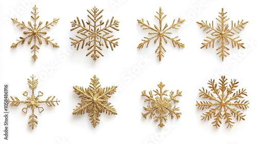 gold snow flakes in different shape on white background. one gold snow flake in each photograph