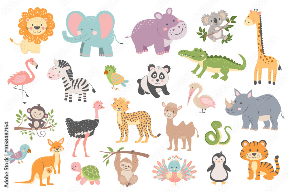 Obraz premium Tropical cute animal set. African, South American, Australian, Arctica and other wild baby cartoon animals. Baby shower and nursery art style.