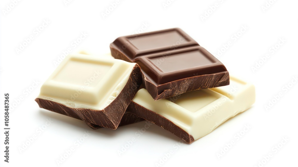 Sweet milk choc squares, White milk chocolate bar isolated on white background, Dessert confectionery menu. Sweet milk choc squares, White milk chocolate bar isolated on white background, Dessert confectionery menu.
