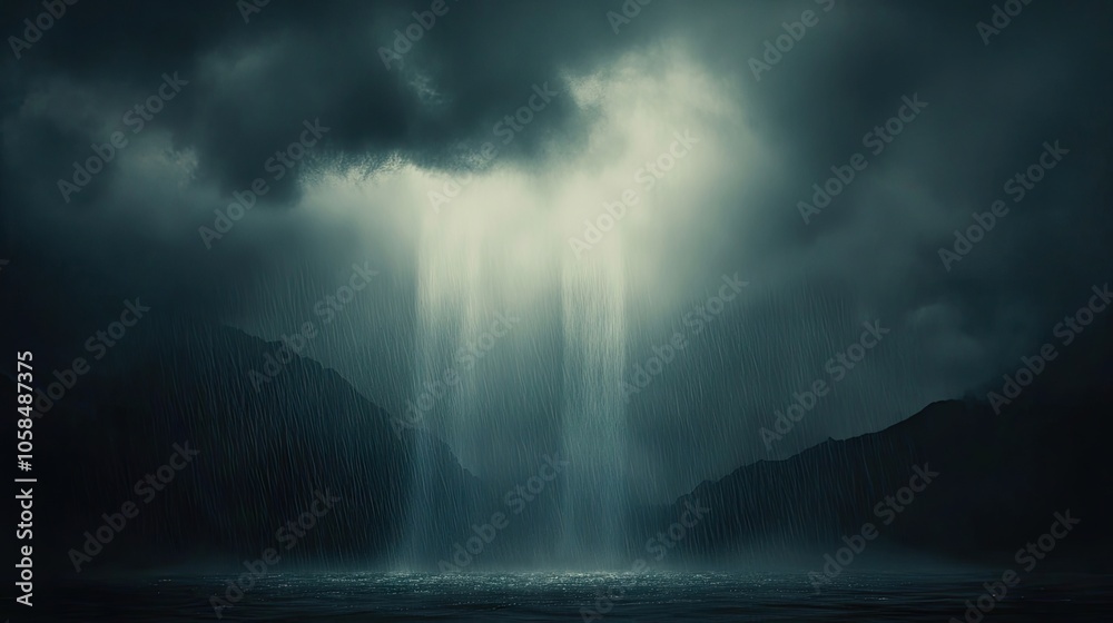 Fototapeta premium Dark sky enveloped in rain, creating a moody atmosphere with rain falling down. This image captures the essence of rain in a dramatic and striking style with ample copy space.