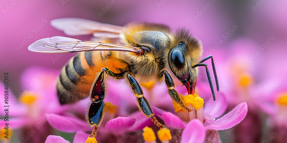 Bee Collecting Pollen from Pink Flower in Nature Bee Collecting Pollen from Pink Flower in Nature