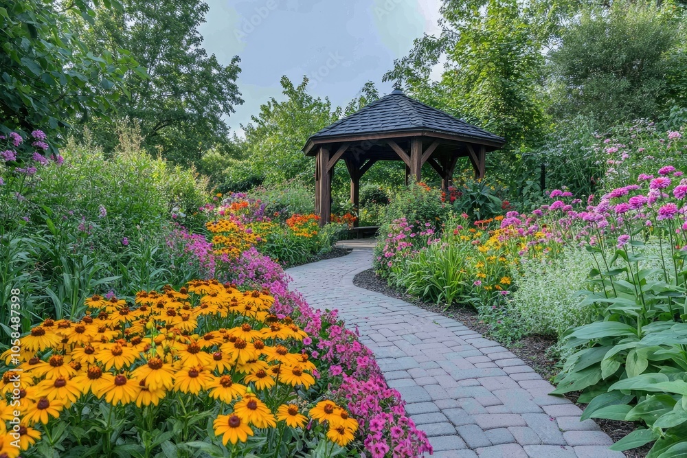 Winding path leading to gazebo surrounded by colorful flowers in botanical garden Winding path leading to gazebo surrounded by colorful flowers in botanical garden