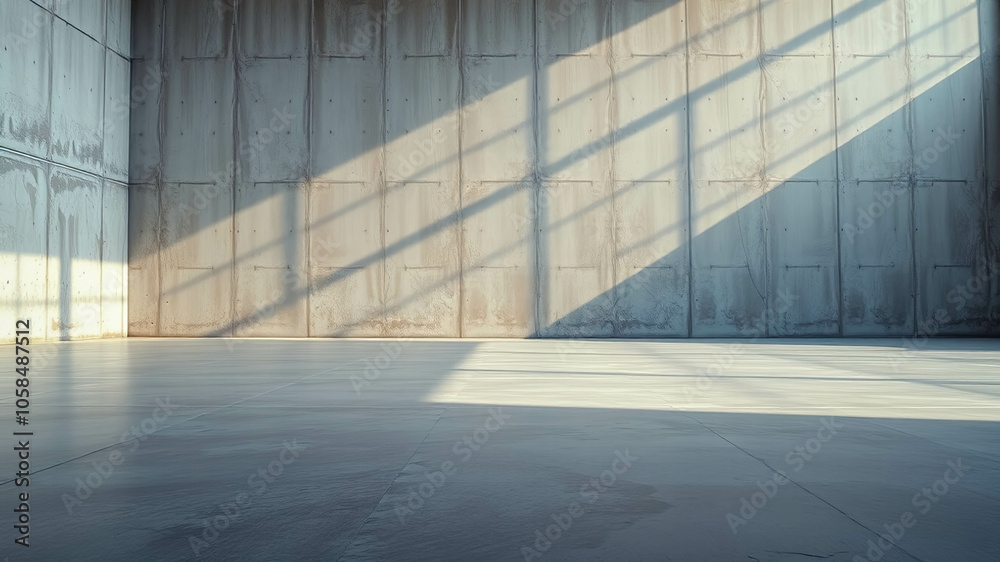 A minimalist concrete room bathed in the soft glow of sunlight filtering through a window, casting elongated shadows across the smooth, polished floor. A minimalist concrete room bathed in the soft glow of sunlight filtering through a window, casting elongated shadows across the smooth, polished floor.