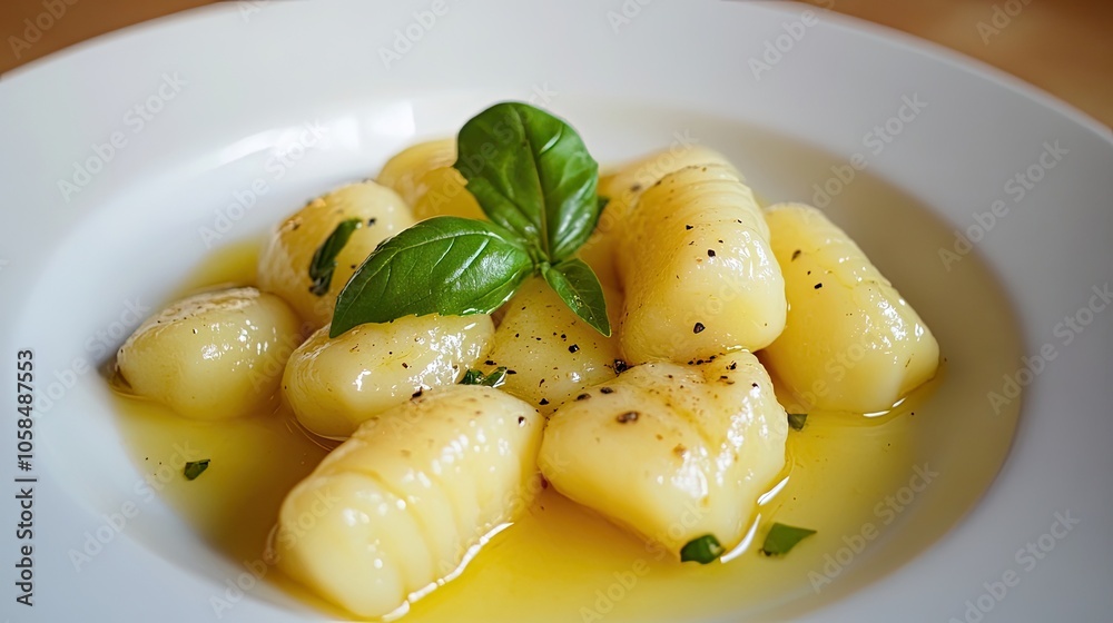 Delicious potato gnocchi presented elegantly on a white plate, garnished with fresh basil. This image of potato gnocchi offers vibrant colors and space for creative use. Delicious potato gnocchi presented elegantly on a white plate, garnished with fresh basil. This image of potato gnocchi offers vibrant colors and space for creative use.