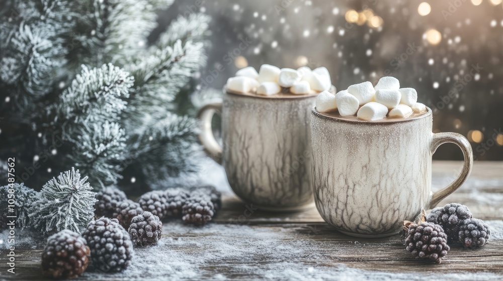 Mugs filled with winter hot chocolate and topped with marshmallows are placed on an old wooden table, accompanied by frozen berries and fir tree accents. Ideal for a cozy winter banner. Mugs filled with winter hot chocolate and topped with marshmallows are placed on an old wooden table, accompanied by frozen berries and fir tree accents. Ideal for a cozy winter banner.