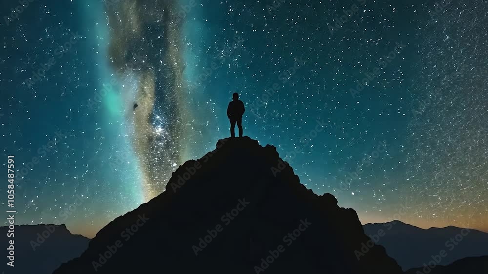 Silhouette of a lone figure stargazing atop a mountain under a brilliant starry sky. A stunning nightscape capturing the vast cosmos, galaxy, and the beauty of the Milky Way in a remote wilderness. Silhouette of a lone figure stargazing atop a mountain under a brilliant starry sky. A stunning nightscape capturing the vast cosmos, galaxy, and the beauty of the Milky Way in a remote wilderness.