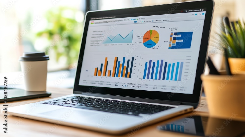 A laptop displaying various data visualizations and analytics graphs, accompanied by a mug, set in a modern workspace. A laptop displaying various data visualizations and analytics graphs, accompanied by a mug, set in a modern workspace.
