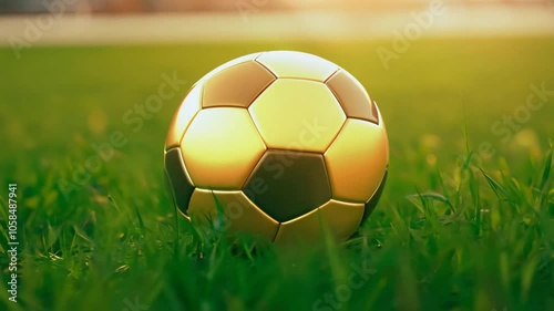 goldensoccer sits ball atop field green vibrant sport victory gold soccer grass game play competition goal round shiny bright colours sportsmanship team succeed champion metallic object equipment ath photo