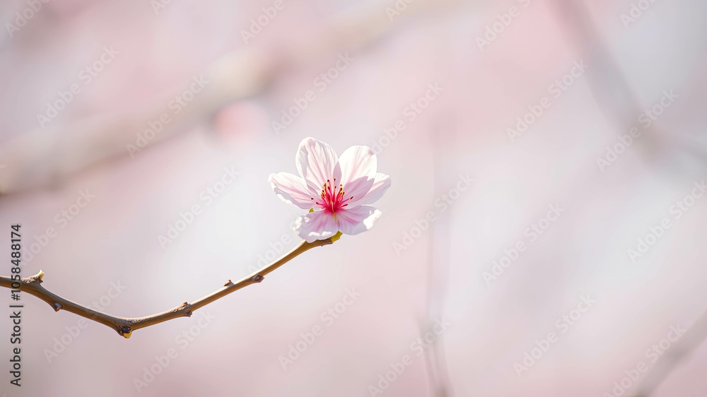 A Delicate Pink Blossom on a Bare Branch Against a Softly Blurred Background of Blossoms A Delicate Pink Blossom on a Bare Branch Against a Softly Blurred Background of Blossoms