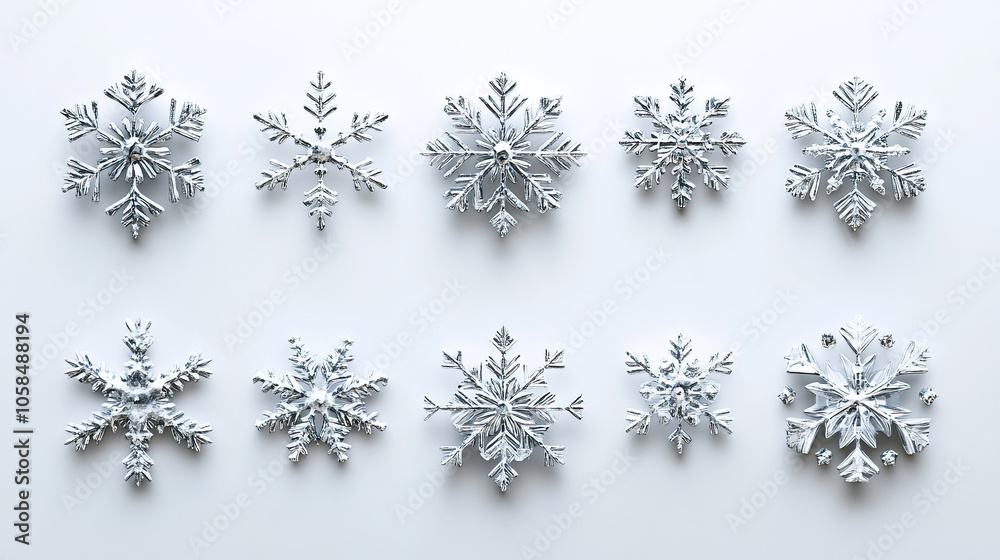 silver snow flakes in different shape on white background. one silver snow flake in each photograph silver snow flakes in different shape on white background. one silver snow flake in each photograph
