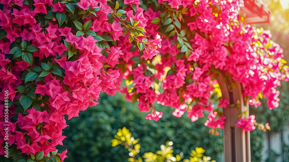 A vibrant cascade of delicate pink blossoms adorning a wooden trellis, bathed in the warm glow of sunlight, a symphony of color and natural beauty. A vibrant cascade of delicate pink blossoms adorning a wooden trellis, bathed in the warm glow of sunlight, a symphony of color and natural beauty.