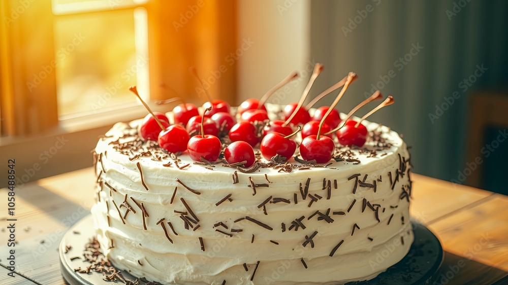 A Delicate Layer Cake Adorned with Luscious Cherries and Chocolate Shavings, a Celebration of Sweetness and Simplicity A Delicate Layer Cake Adorned with Luscious Cherries and Chocolate Shavings, a Celebration of Sweetness and Simplicity