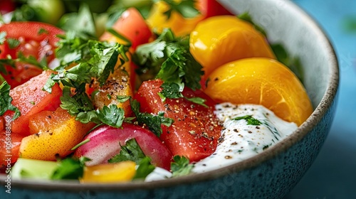 Healthy Mediterranean veggie bowl filled with ripe fruit and vibrant vegetables, accented by green coriander and a spicy white yogurt sauce. Ideal for a nutritious meal. Copy space available.