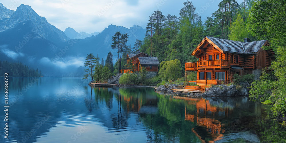 Fototapeta premium Tranquil Lakeside Cabins Reflecting in Still Water