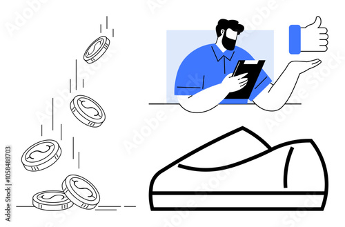 Man holding tablet, falling coins representing money, thumbs up symbol indicating approval, and outline of a shoe. Ideal for business, finance, online reviews, e-commerce, retail, marketing, customer