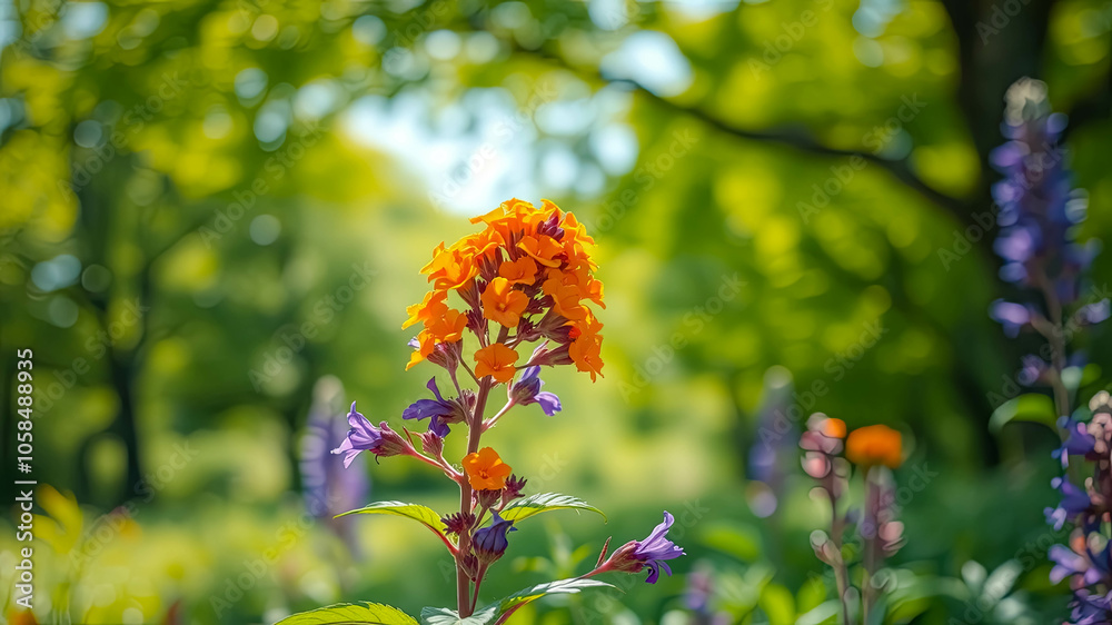 A vibrant cluster of orange blossoms against a soft backdrop of green foliage and blurred purple flowers. A vibrant cluster of orange blossoms against a soft backdrop of green foliage and blurred purple flowers.