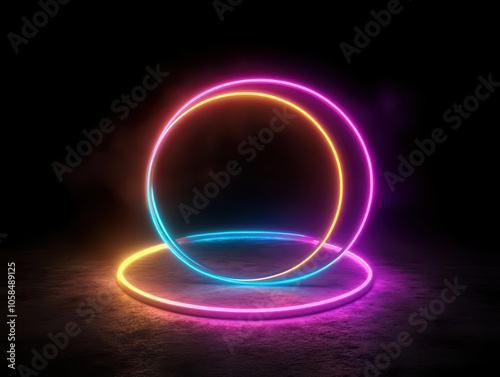 Holographic neon rings floating in a dark space, creating a mesmerizing and futuristic visual experience.