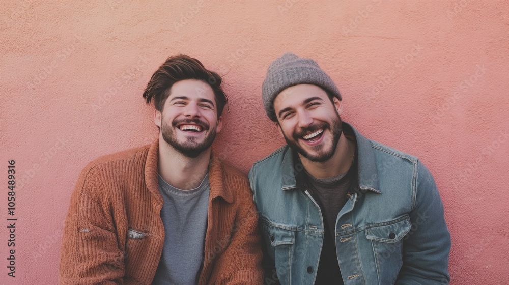 Two men are smiling and laughing while wearing hats and jackets. They are posing for a picture on a pink wall Two men are smiling and laughing while wearing hats and jackets. They are posing for a picture on a pink wall