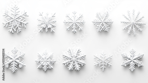 white snow flakes in different shape on white background