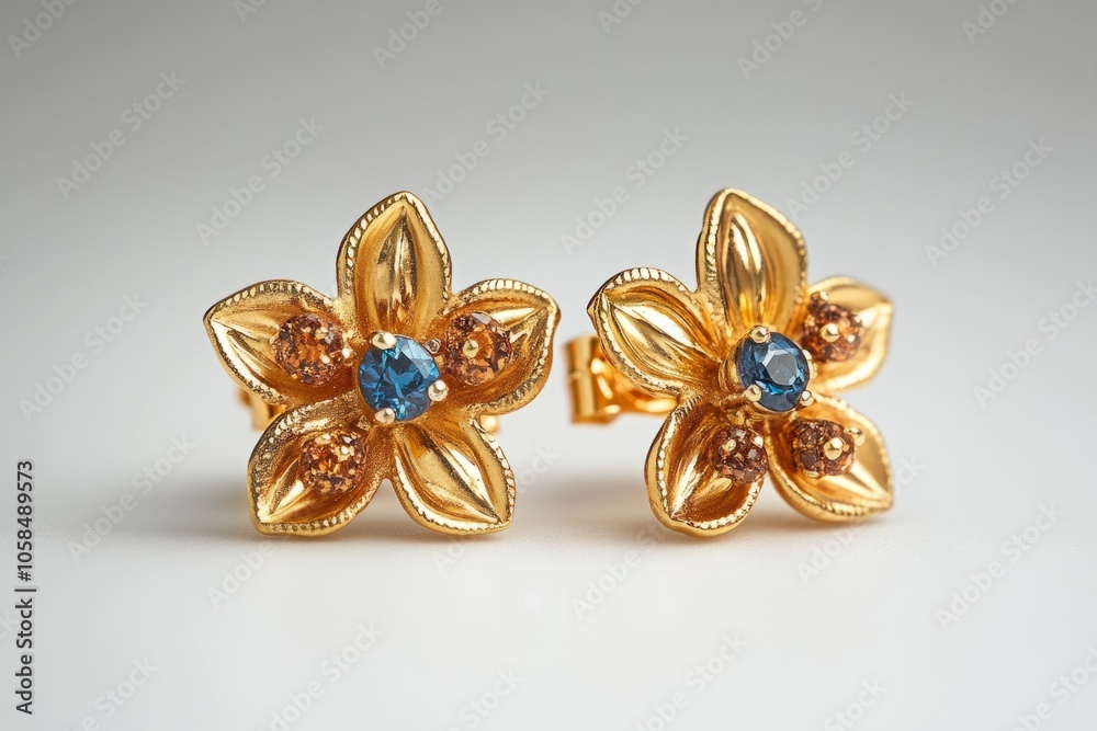 Pair of golden earrings with blue and brown gemstones showing floral design Pair of golden earrings with blue and brown gemstones showing floral design