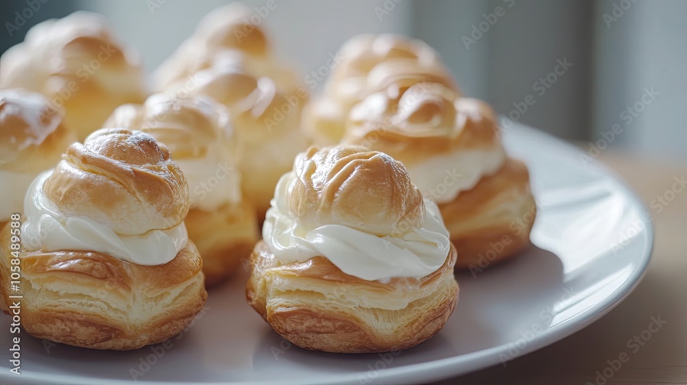 Delicious cream puff pastry elegantly arranged on a plate, highlighting the texture and indulgent nature of the cream puff pastry, with ample space for creative design elements. Delicious cream puff pastry elegantly arranged on a plate, highlighting the texture and indulgent nature of the cream puff pastry, with ample space for creative design elements.